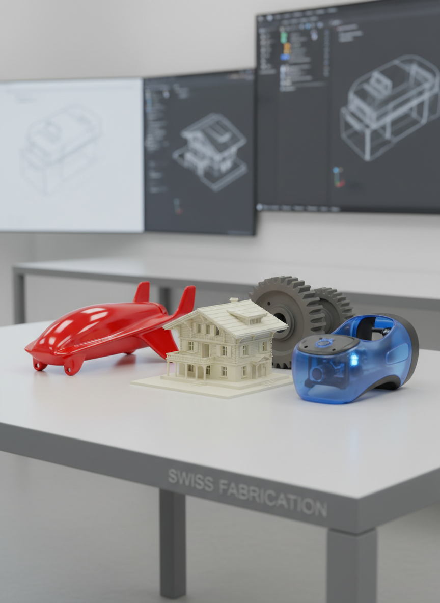 A sophisticated 3D model of a collection of diverse 3D-printed prototypes arranged in a carefully curated layout: an architectural Swiss chalet model in off-white resin, a vivid red aerodynamic drone shell, a translucent blue medical device housing, and a matte gray industrial gear assembly. They are positioned on a smooth, light gray tabletop in a clean design studio, with subtle outlines of CAD screens and technical blueprints abstractly suggested in the distant background. Even, neutral studio lighting illuminates every object without harsh shadows, producing soft reflections and a calm, controlled atmosphere. Captured from a slightly elevated angle with balanced composition, the scene conveys versatility, innovation, and premium custom fabrication services from Switzerland.