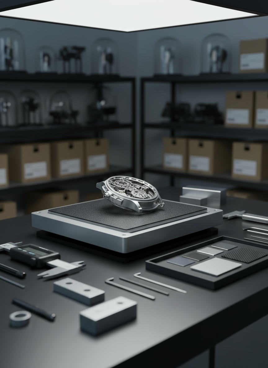 A detailed 3D-rendered scene of a bespoke 3D-printed product development setup: an open build plate with a half-finished, complex Swiss watch casing in metallic silver, surrounded by neatly arranged calibration tools and sample material swatches. The surface is a dark, satin-finished workbench, with subtle reflections grounding the objects. Gentle, cool-white overhead lighting combines with a focused side light, emphasizing the fine ridges and polished details on the casing. The background shows abstract, softly blurred silhouettes of shelves holding organized prototypes and labeled boxes. Composed at eye level with a slight depth-of-field falloff, the mood is focused, methodical, and refined, highlighting the process of high-precision, custom Swiss prototyping.