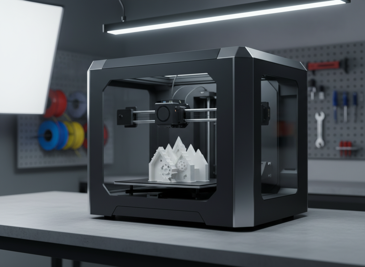 A meticulously detailed 3D model of a sleek industrial 3D printer in dark graphite and brushed aluminum, its build plate displaying an intricate white prototype of a Swiss-inspired geometric structure. The machine stands on a pristine, light concrete workbench in a minimalist studio, with subtle hints of technical tools and neatly organized filament spools in the blurred background. Cool, diffused studio lighting from above and one side creates crisp reflections on metal surfaces and gentle shadows under the model, emphasizing precision and craftsmanship. The composition is eye-level with a slight three-quarter angle, sharp focus on the printer and print, conveying a sophisticated, high-end Swiss engineering aesthetic suitable for a business homepage hero image.