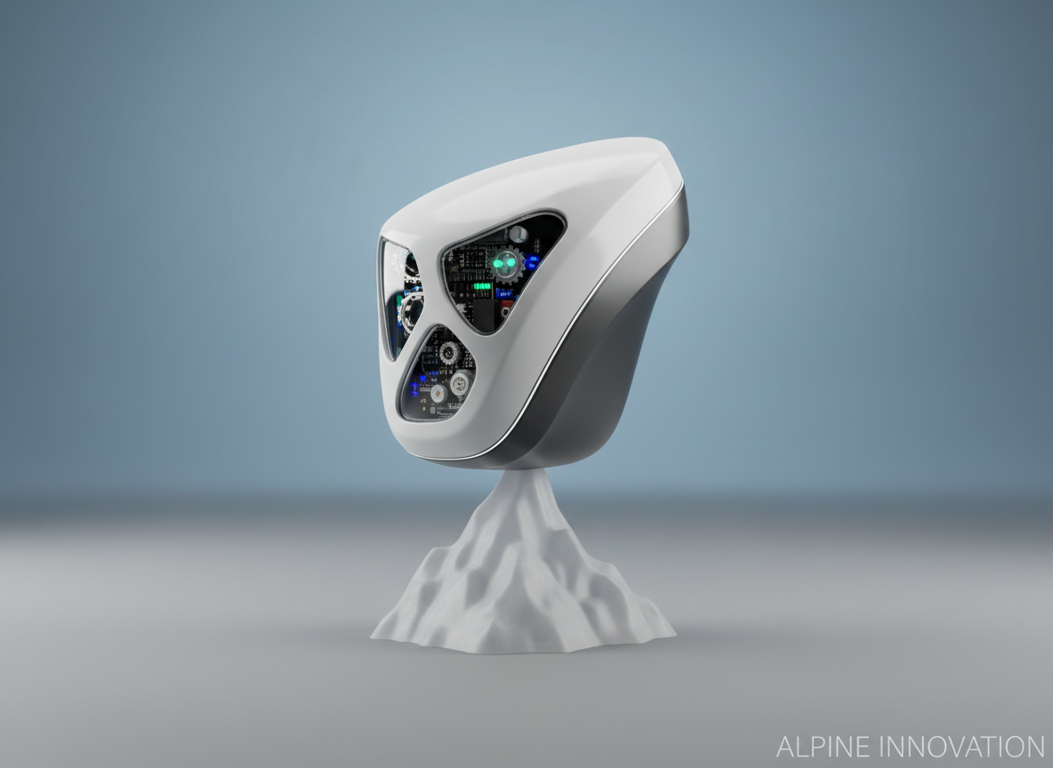 A highly polished 3D model of a futuristic, custom 3D-printed housing for an alpine environmental sensor, blending matte white and dark graphite materials with small transparent windows revealing internal structures. The device is mounted on a minimalist pedestal shaped like a stylized Swiss mountain peak, set against a subdued gradient backdrop that transitions from cool blue at the top to soft gray at the bottom. Discreet, directional lighting from two sides creates refined highlights and subtle rim lighting along the housing edges, giving a premium, almost jewel-like feel. Captured in centered composition with sharp focus and generous negative space, the image projects innovation, Swiss context, and specialized applications of 3D printing in demanding environments.