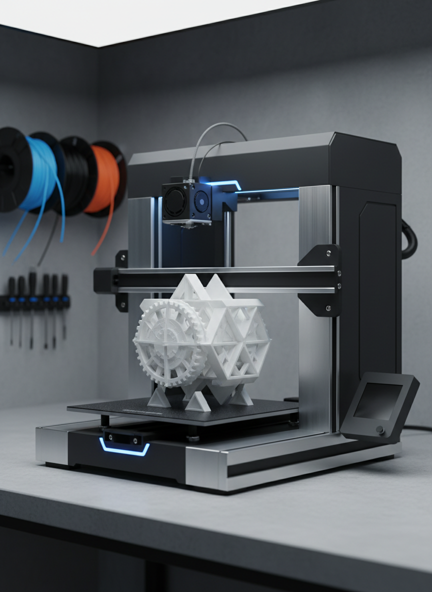 A meticulously detailed 3D model of a sleek industrial 3D printer in dark graphite and brushed aluminum, its build plate displaying an intricate white prototype of a Swiss-inspired geometric structure. The machine stands on a pristine, light concrete workbench in a minimalist studio, with subtle hints of technical tools and neatly organized filament spools in the blurred background. Cool, diffused studio lighting from above and one side creates crisp reflections on metal surfaces and gentle shadows under the model, emphasizing precision and craftsmanship. The composition is eye-level with a slight three-quarter angle, sharp focus on the printer and print, conveying a sophisticated, high-end Swiss engineering aesthetic suitable for a business homepage hero image.